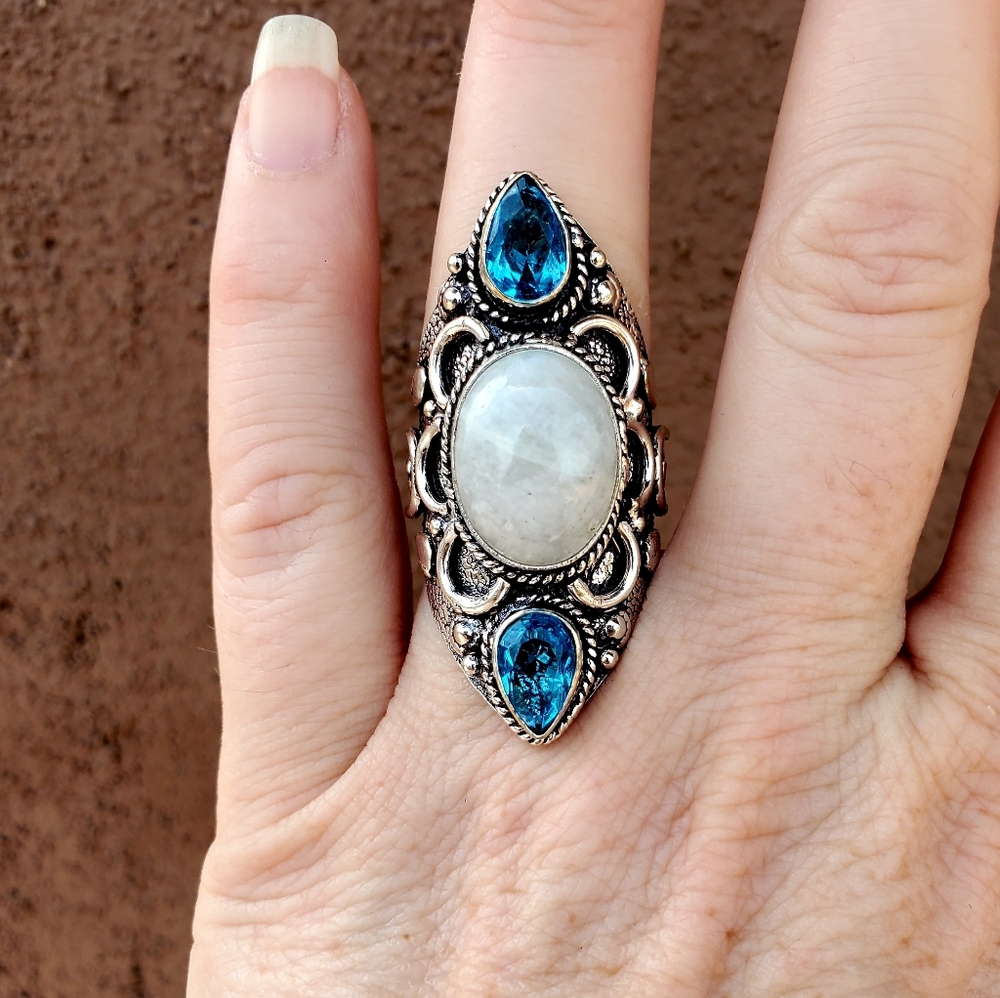 New Rainbow Moonstone & Blue Topaz 925 Silver Statement Ring.